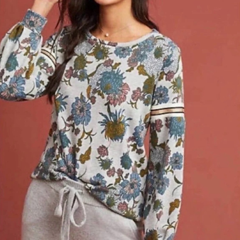 Dolan Left Coast for Anthropologie Tagawa Floral Print m Gray Sweatshirt Size L